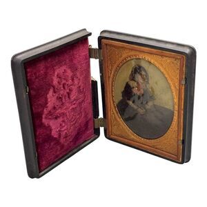 Antique Tintype Photo Rare Young Woman Color Thermoplastic Courting Couple Case